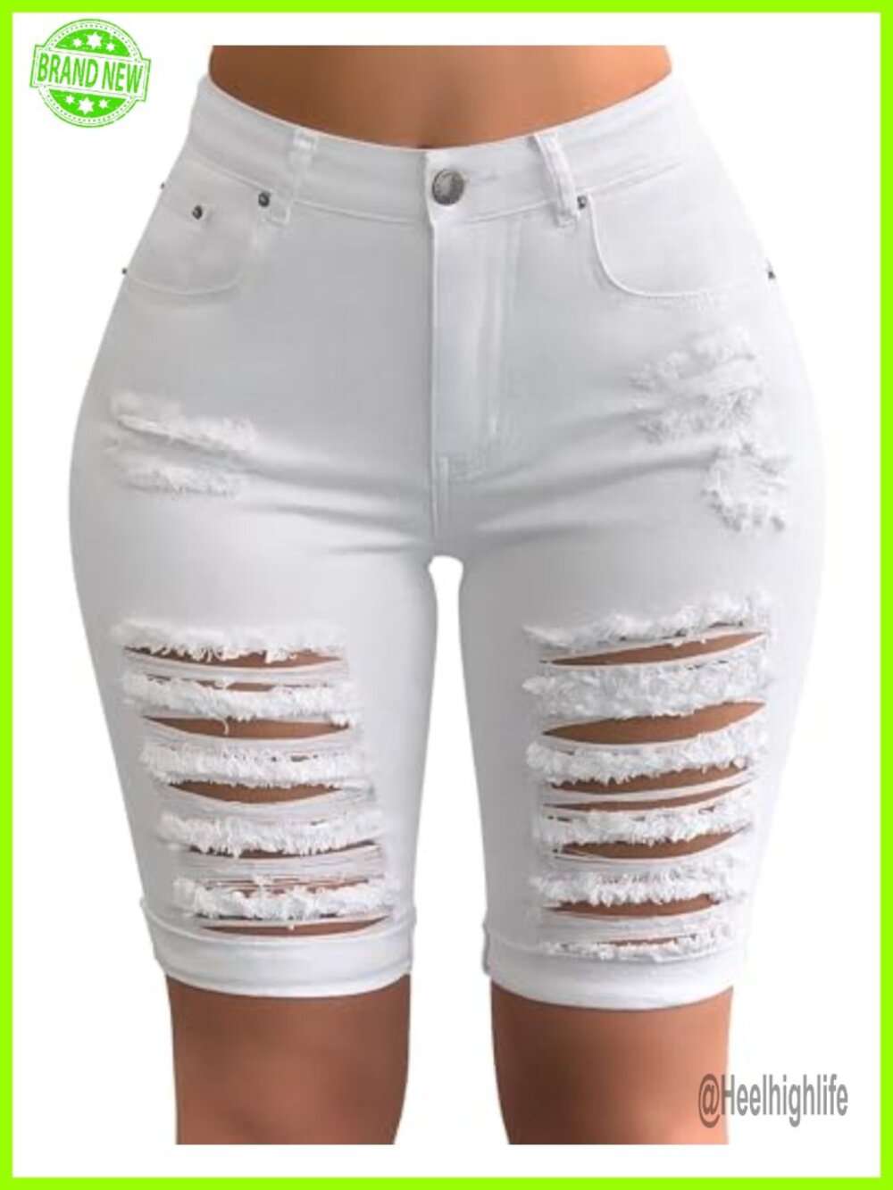 Women's Distressed Ripped Stretchy Denim Bermuda Shorts Mid Rise
